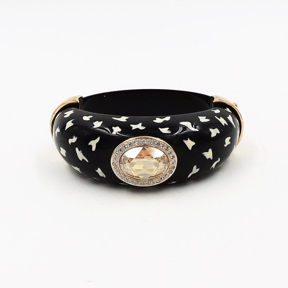 Vintage 1980s Italian Black Spotted Rhinestone Cuff Bracelet - Picture 8 of 11